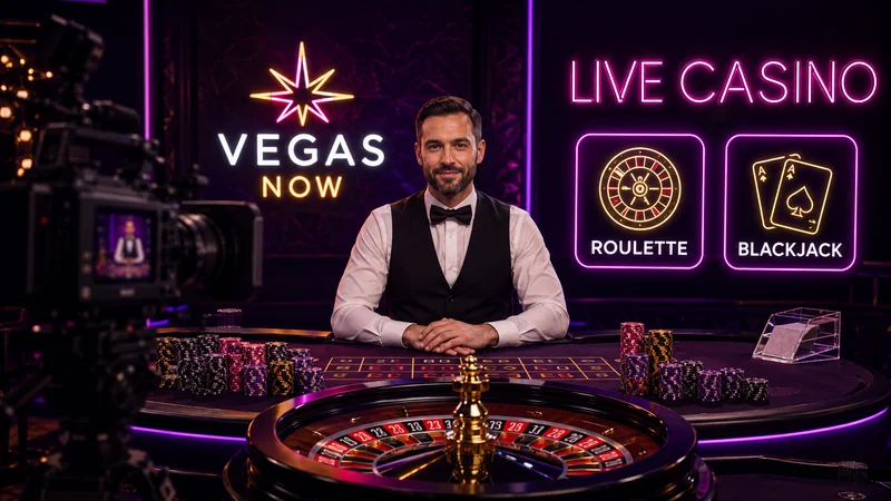 Live-Casino-Tisch mit Dealer und den vier bestätigten Spielkategorien bei Vegas Now