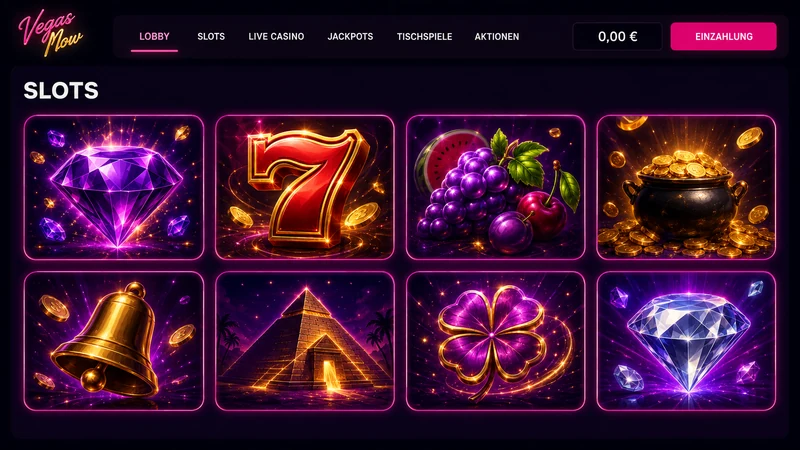 Slot-Lobby von Vegas Now mit Spielkacheln und Kontostand in Euro
