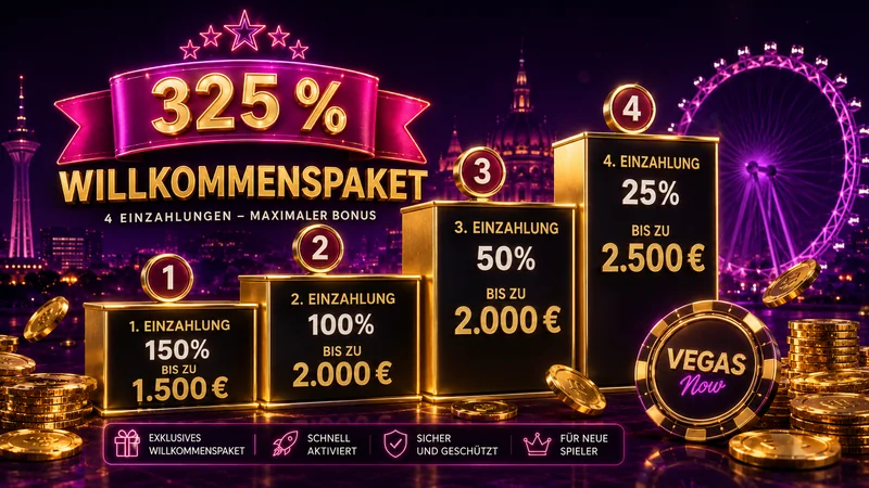 Vier Einzahlungsstufen des Vegas Now Bonuspakets mit den Bonuscodes VEGAS2 bis VEGAS4